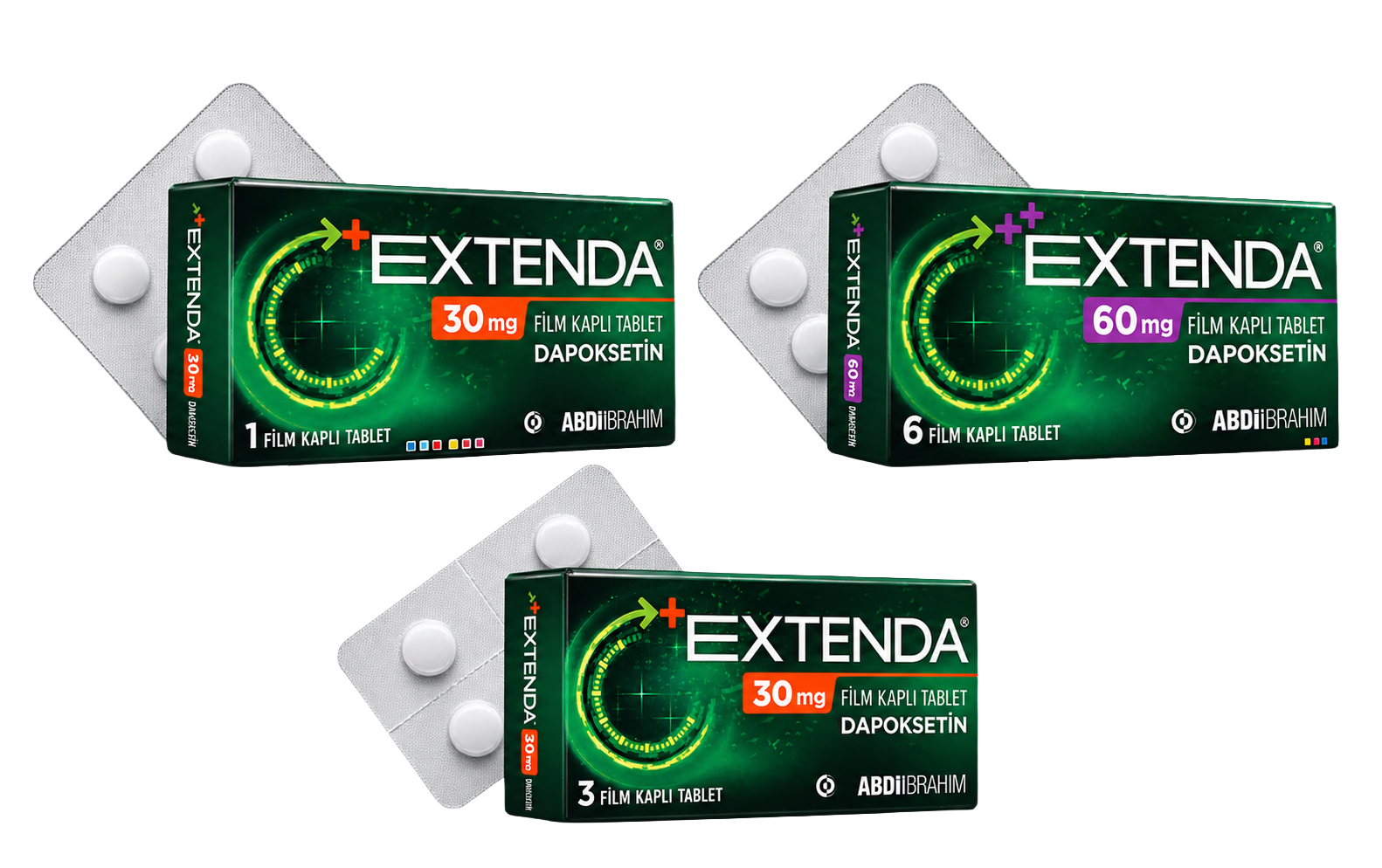 Extenda 30 mg ve 60 mg film kaplı tablet kutuları, Abdi İbrahim